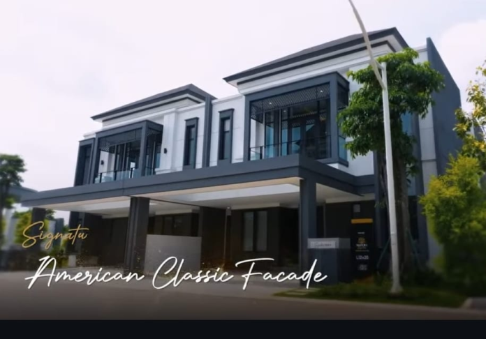 Fasad rumah berkonsep American Classic di Matera Signature Tampak depan hunian mewah Matera Signature Paramount Land di Gading Serpong dengan desain Modern American Classic.