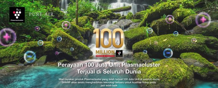 Ilustrasi ion positif dan negatif dalam teknologi Plasmacluster Sharp yang menetralkan partikel berbahaya di udara