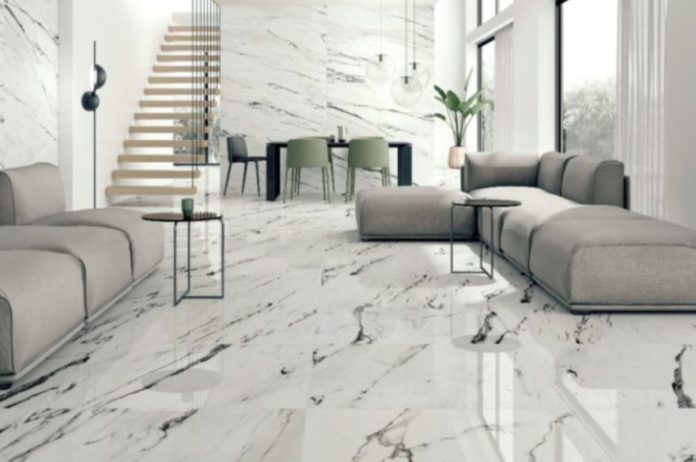 granit lantai ruang tamu elegan modern tampilan ruang tamu dengan pengaplikasian surface covering granit premium