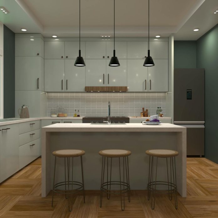 Suasana dapur dengan pencahayaan lampu downlight.